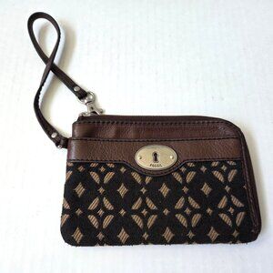 Fossil Wallet Brown Leather Black Tapestry Boho Maddox Wristlet